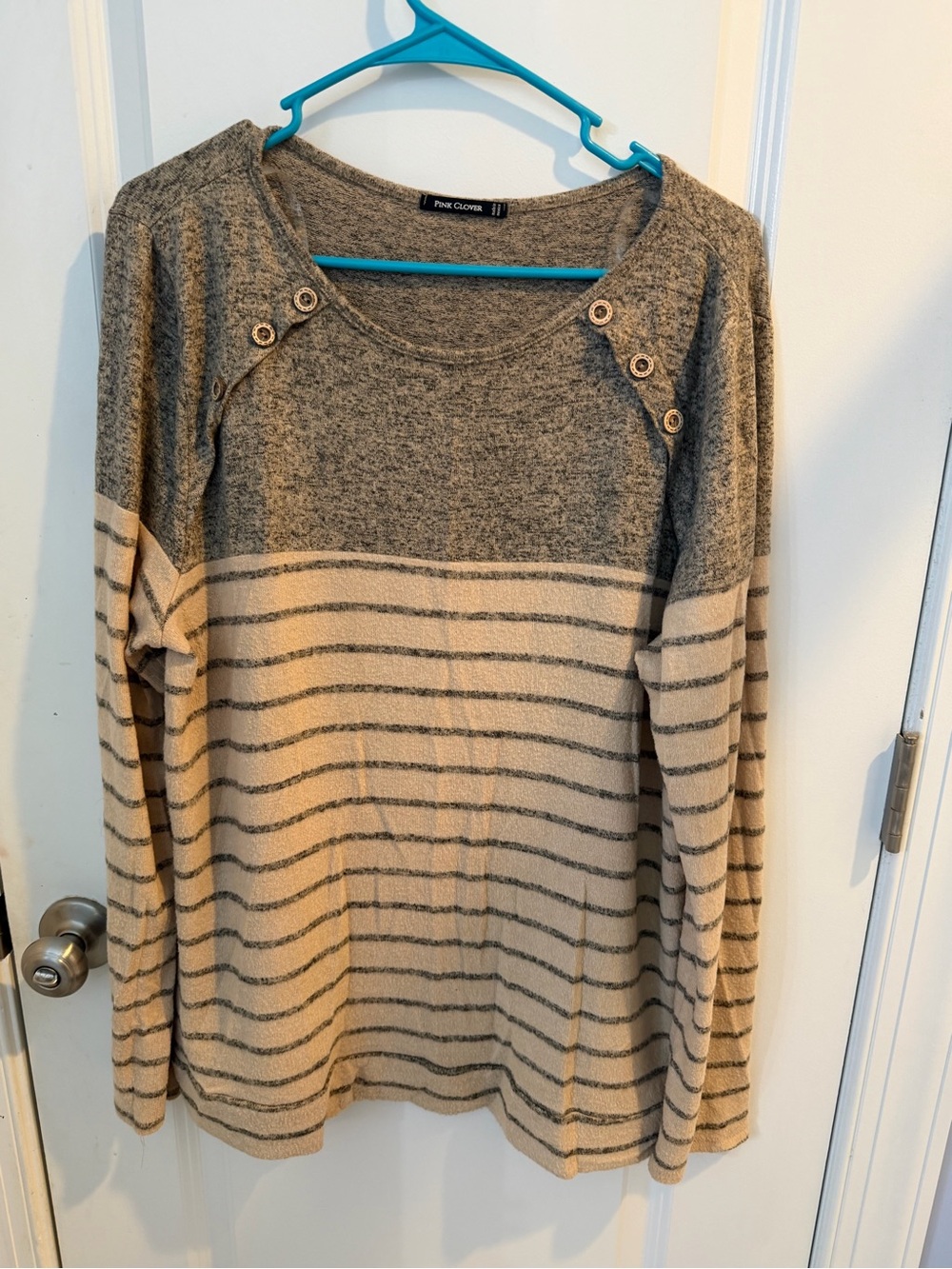 Pink Clover Two-Tone Beige & Gray Striped Button-Shoulder Sweater